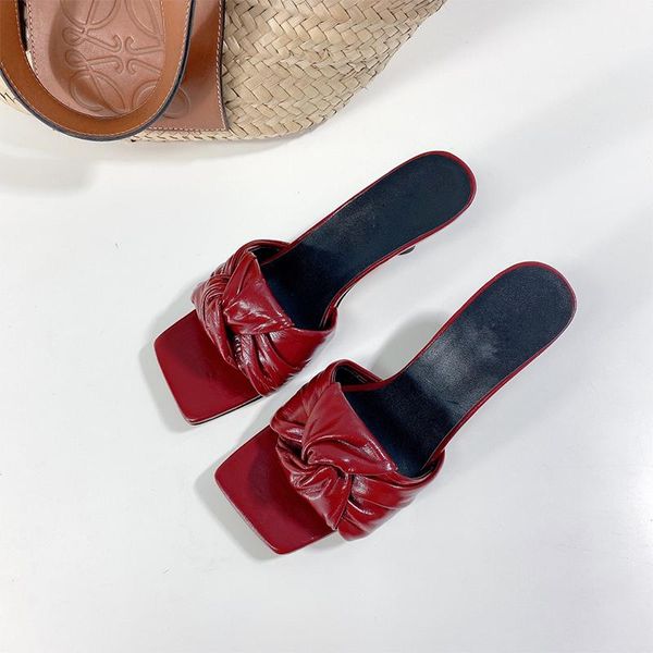 

slippers kitten 6.5cm heel leather woman square toe rigid knot designer ladies sandals summer outdoors runway party shoes mujer, Black