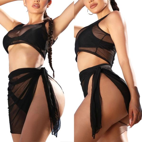 

women two-piece clothes set, solid color sleeveless u-shaped collar crop and skirt, black/ fluorescent green women's swimwear, White;black