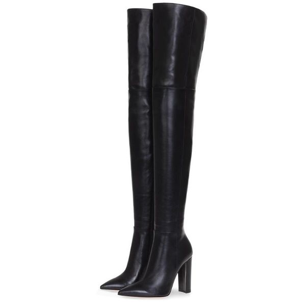 

boots women over the knee block heel pointed toe thigh high, Black