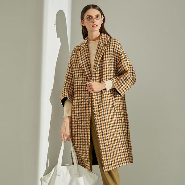 

women's wool & blends shzq woolen coat medium length korean version 2021 plaid small fragrance loose coarse women, Black