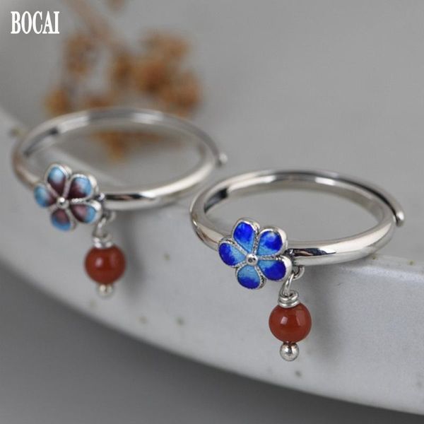 

cluster rings bocai solid s925 pure silver simple cloisonne small flower female ring enamel art woman, Golden;silver