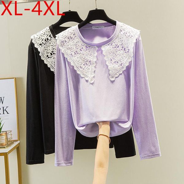 

plus size t-shirt missfansiqi spring autumn women long sleeve patchwork lace cotton large loose casual tees xl 2xl 3xl 4xl, Black