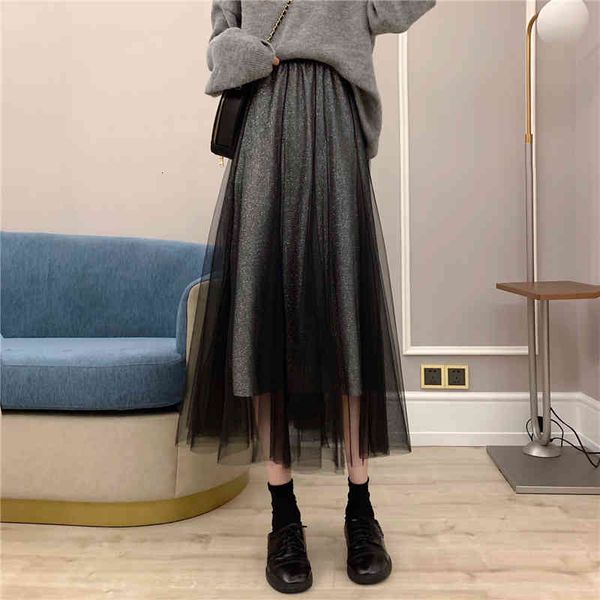 

skirts 2021 of elegant ladies tutu tulle mesh in midi skirt a268, Black