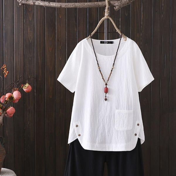 

women's blouses & shirts solid linen button for women casual short sleeve pocket shirt loose elegant blusas mujer de moda 2021 female, White