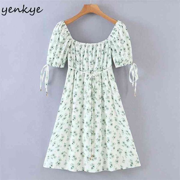 

vintage women floral print sweet dress female square neck puff sleeve high waist a-line mini holiday summer robe 210514, Black;gray