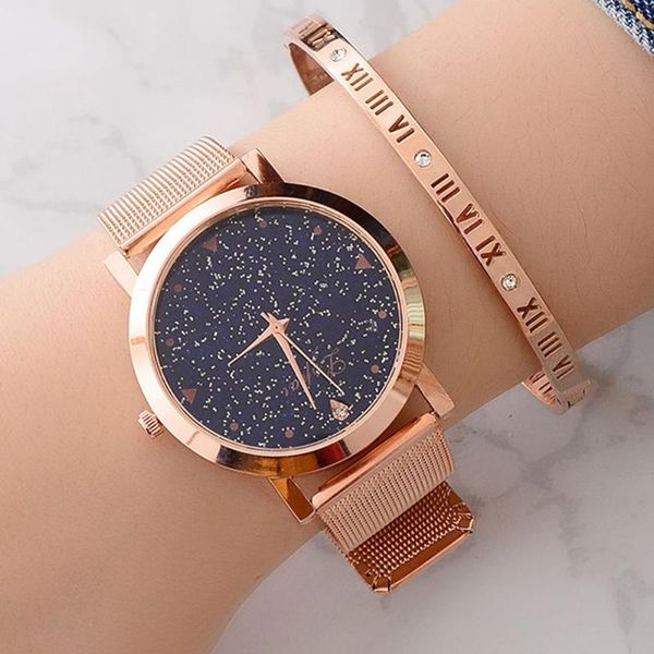 

wristwatches 2021 women watches fashion luxury rose gold starry sky mesh band quartz relogio feminino, Slivery;brown