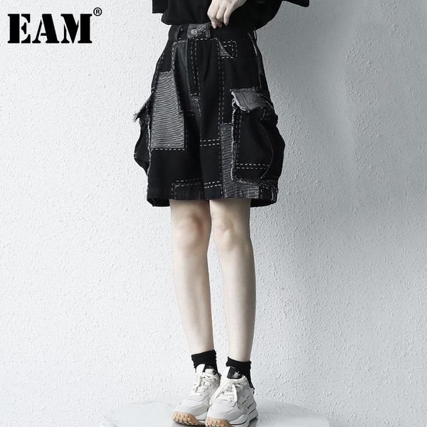 

women's shorts [eam] women black denim spliced pocket wide leg high waist loose fit trousers fashion tide spring summer 2021 1de0048, White;black