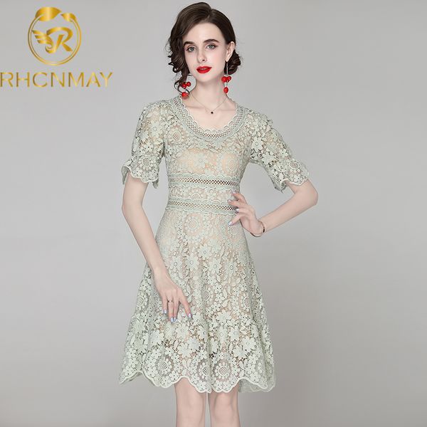 

summer womens hollow out blue lace party dresses elegant short sleeve high waist knee length casual princess vintage vestidosswimwear bathin, Black;gray
