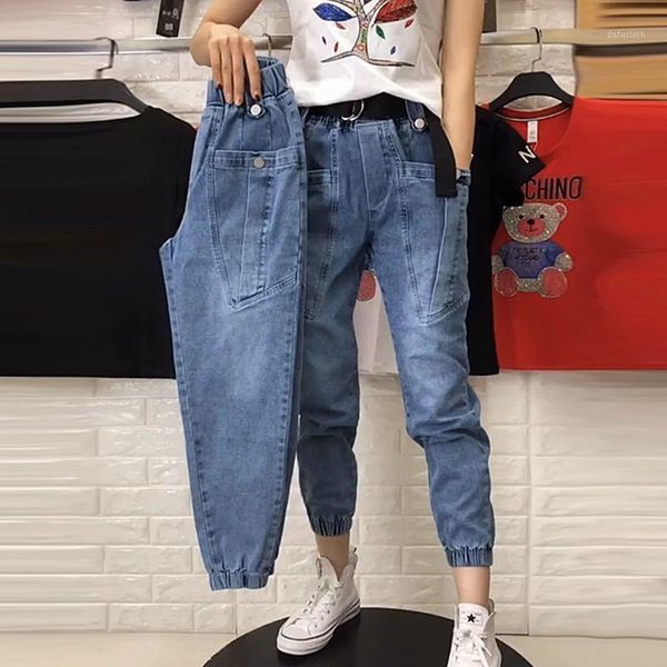 

women's jeans woman pants 2021 spring elastic waist high ankle length jogger pantalones vaqueros mujer, Blue