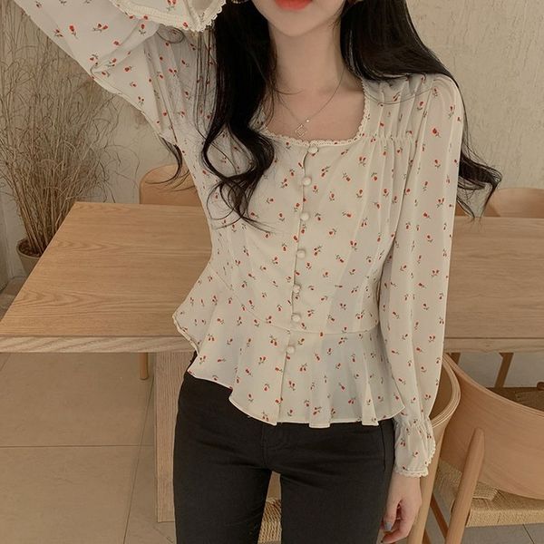 

women's blouses & shirts chic square collar floral women long sleeve ruffled blouse autumn female flower printed shirt korea clothing 6, White