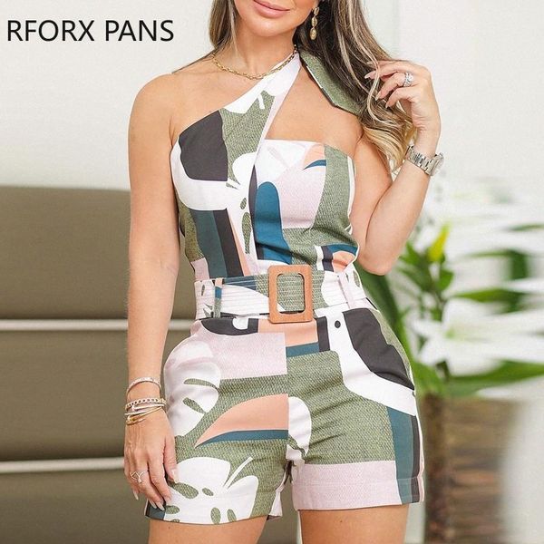 

one shoulder knotted detail abstract print romper c6xb, Black