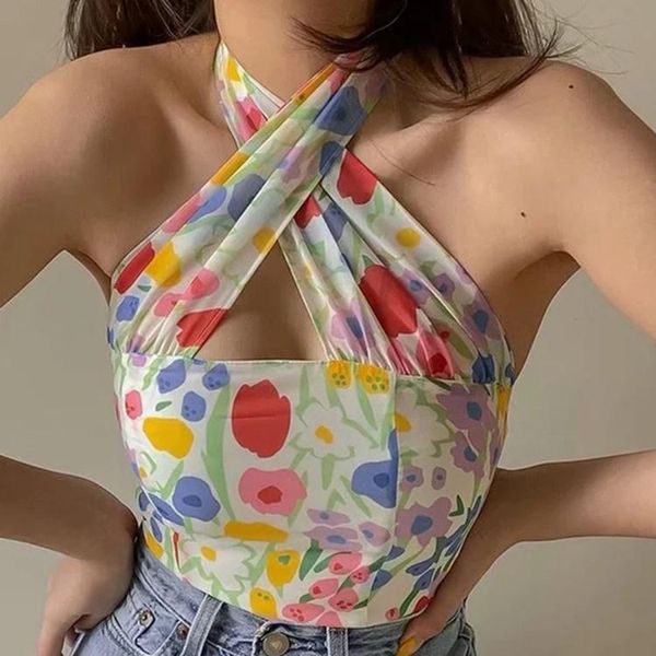

women's tanks & camis holiday style hanging neck color printing suspender 2021 summer open back high waisted vest, White