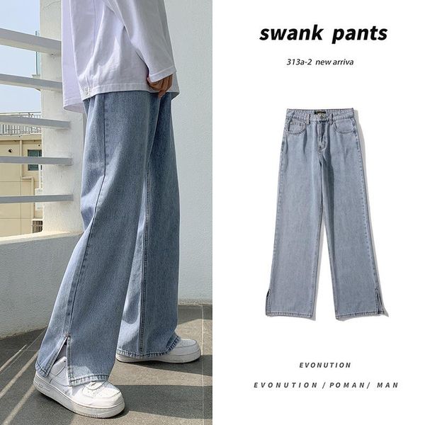 

men's jeans denim summer thin chic hong kong style tide brand wide leg split length trousers hip hop streetwear, Blue