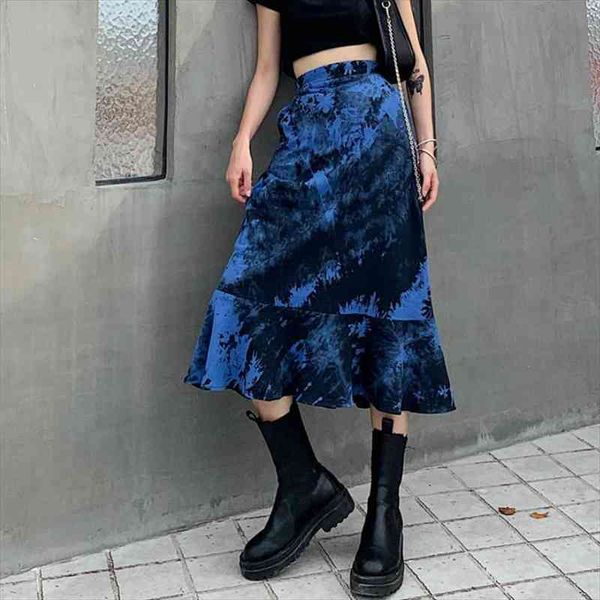 

boho street fashion summer womens skirts high waist tie dye printing ruffle hem skirt casual stylish bottoms clothing, Black