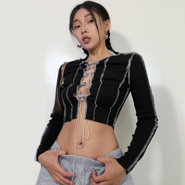 

women lace up front crop with contrast exposed seams women's t-shirt, White