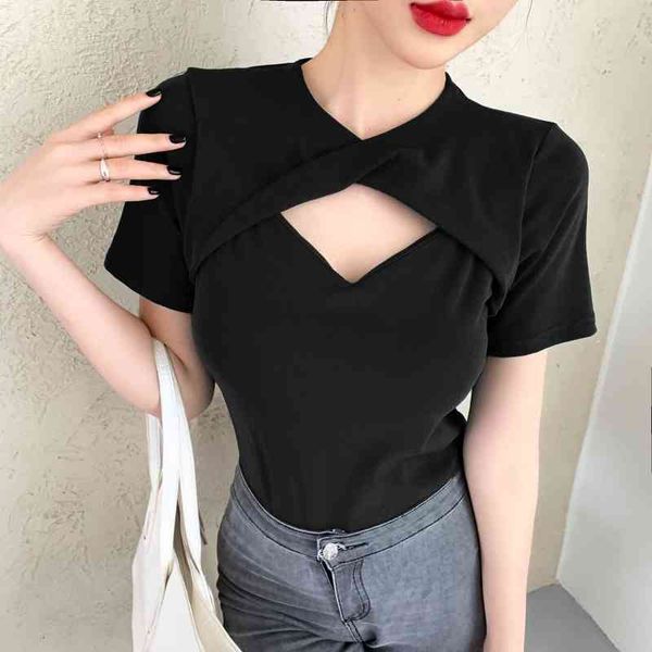 

women's t-shirt arrival summer women casual slim short sleeve v-neck t shirt all-matched cotton hollow out design patchwork t-shirt w26, White
