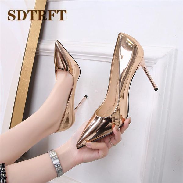 

dress shoes sdtrft 2021 shallow mouth women gold sliver pointed toe pumps 10cm thin high heel stiletto eur:35-44 45 46 zapatos mujer, Black