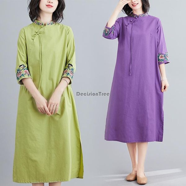 

retro improved cheongsam girls cotton linen lattice qipao traditional daily modern half sleeve oriental dresses ethnic clothing, Red
