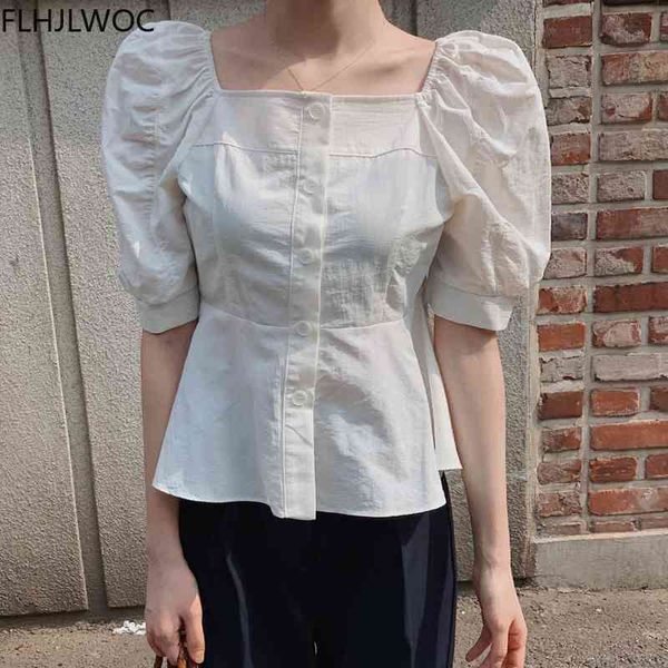 

women's blouses & shirts summer cute sweet square neck blusas fashion women solid colors chic korea design single breasted bu, White