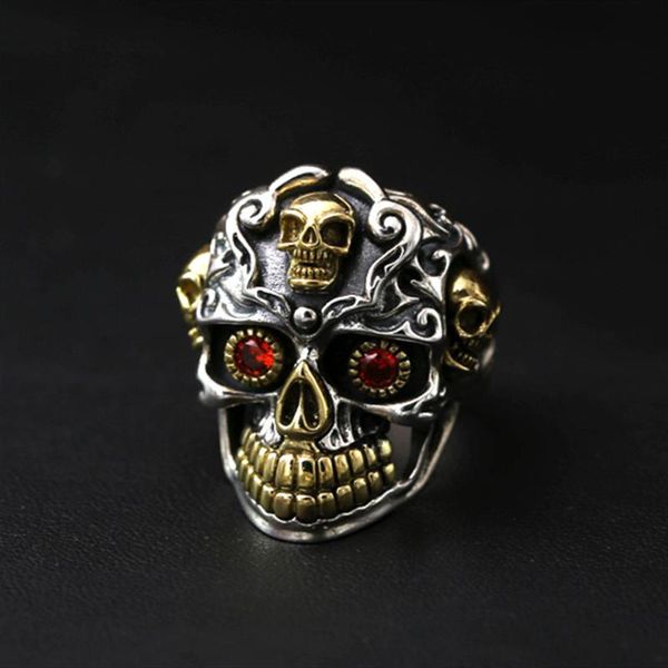 

cluster rings fashion domineering skull king inlaid artificial red stone men's ring man's biker punk personality jewelry drop, Golden;silver