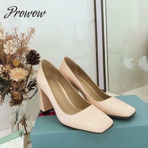 

prowow genuine leather slip on high heel pumps square toe dress shoes women, Black