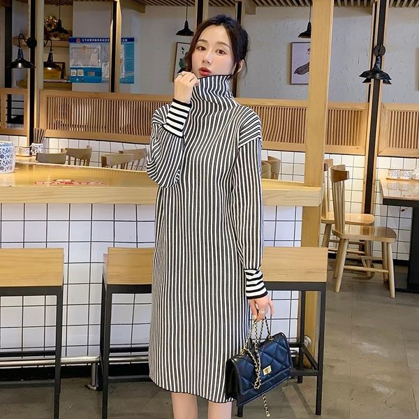 

maternity dresses 2021 autumn winter sweater long sleeve knitting thick stripe dress side split turtleneck pregnant woman straight, White