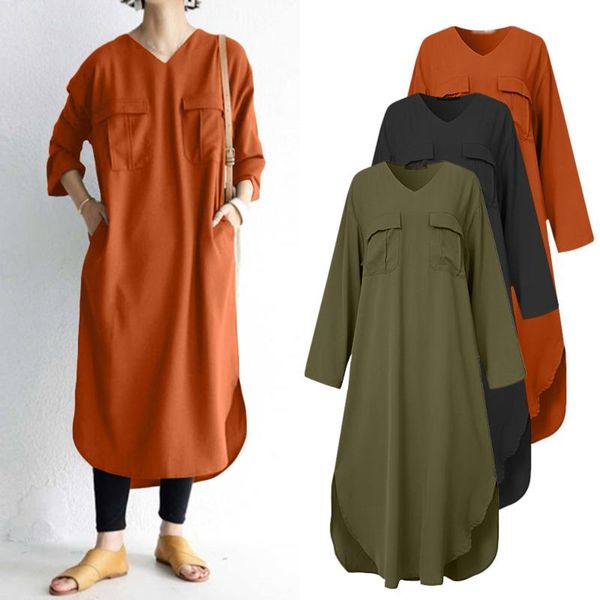 

casual dresses jaycosin women autumn robe v-neck three quarter sleeve dress solid pocket loose pullover long vestidos, Black;gray