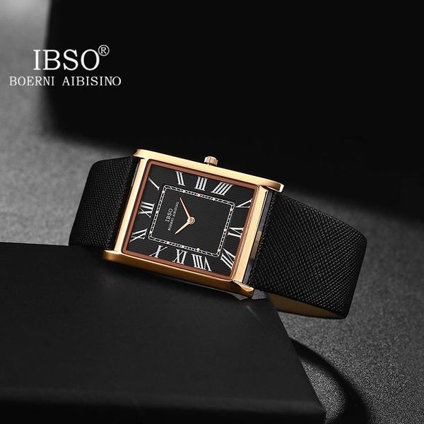 

wristwatches ibso ultra-thin rectangle dial men's quartz watch luxury business style genuine leather strap waterproof men, Slivery;brown