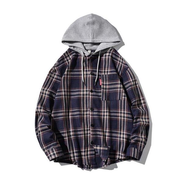 

2021spring and autumn men's shirts casual plaid hooded shirt cotton loose long sleeve thin, White;black