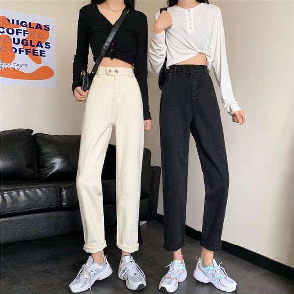 

women's jeans 3339 korean version of 2021 high-waisted thin wild loose nine-point straight radish black, Blue