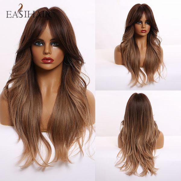 

long brown ombre synthetic wigs for women natural wavy wigs heat resistant cosplay wig layered hair wig, Black