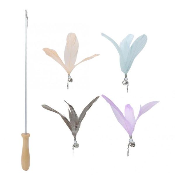 

wooden handle pet cat funny teaser dangler rod stick with 4pcs feather replacement head interactive toys