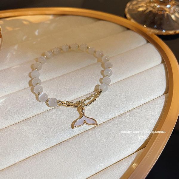 

charm bracelets korean trendy opal bracelet for women shell fishtail beaded female bohemia elasticity cuff bangles, Golden;silver