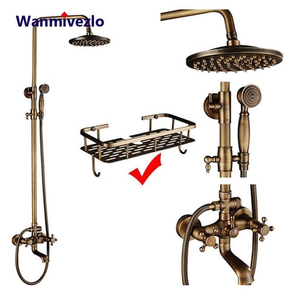 

antique brass shower faucets set 8'' rainfall head handshower dual handle mixer tap rotation bath faucet bathroom sets