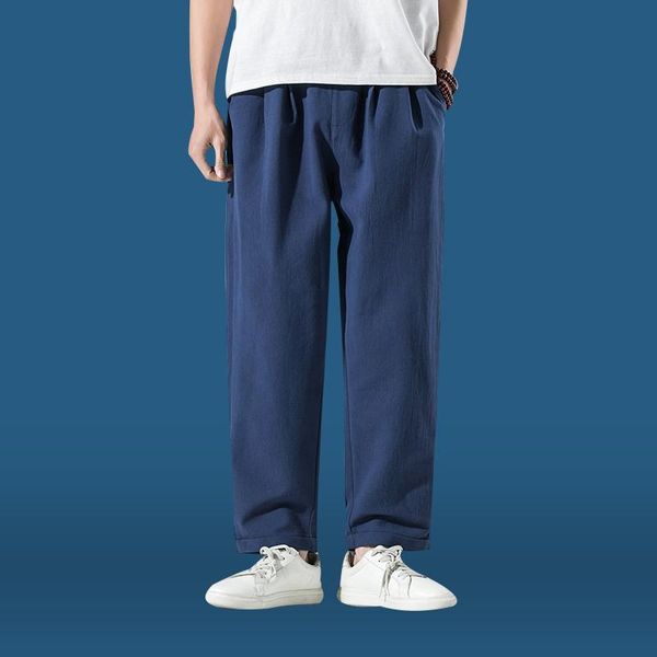 

men's pants m-5xl plus size casual beach drawstring cotton linen loose bottom yoga trousers with pockets in harem, Black