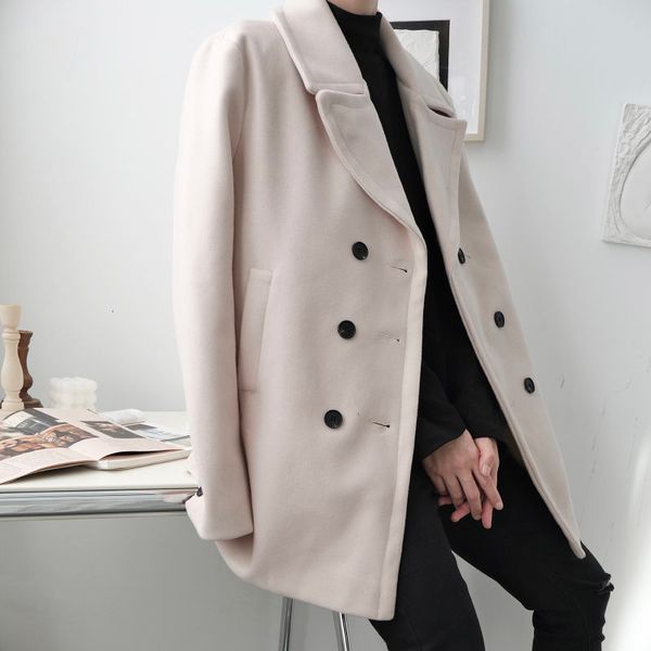 

men's new autumn and winter british style loose double breasted woolen coat 2020 korean fashion mid length clothes, Black
