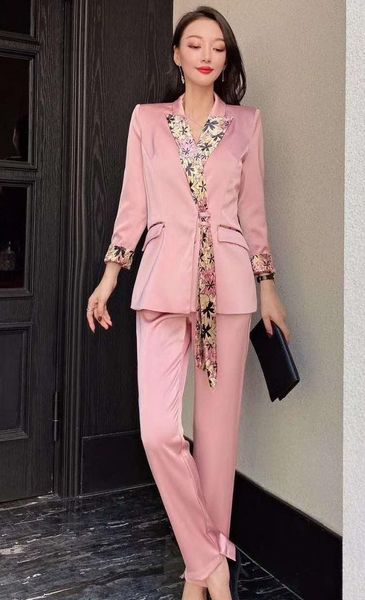 

blazer sets 2021 autumn style clothing suit women vintage print patchwork suits+pink black pant female women's two piece pants, White