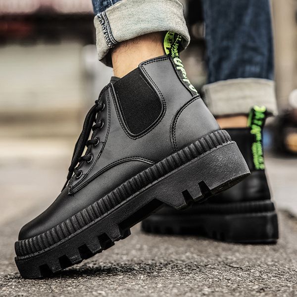 

2021 autumn winter martin boots men's short british leather stitching thick bottom locomotive, Black