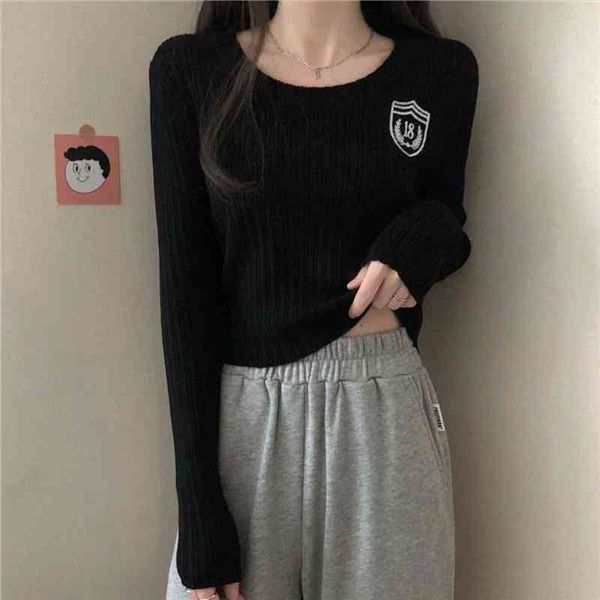 

woman high waist short women sweater midriff baring womens round neck spring autumn tight long sleeve knitted, White;black