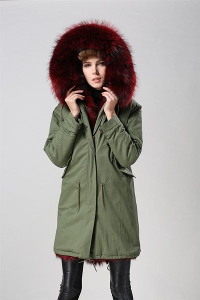 

women's fur & faux est long coat women winter plus size wine red parka ladies warm real collar trimming, Black