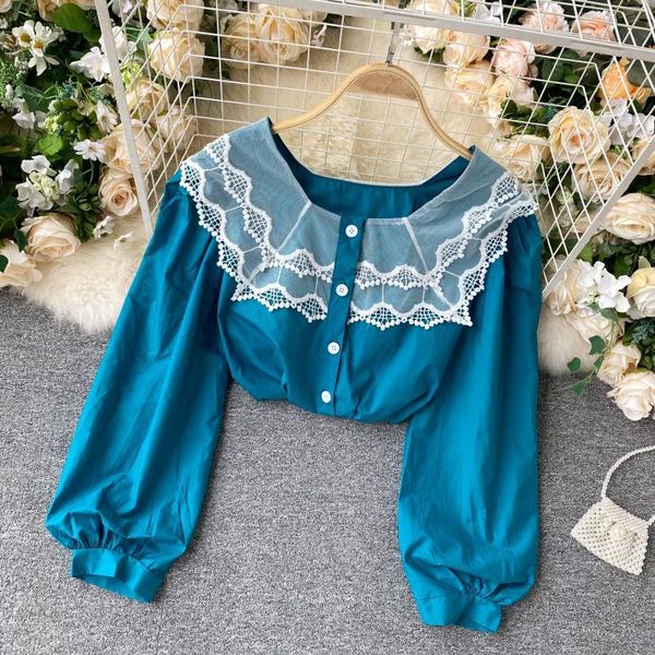 

women's blouses & shirts women fashion lace double layer large lapel autumn shirt lady square neck long sleeve korean blouse, White