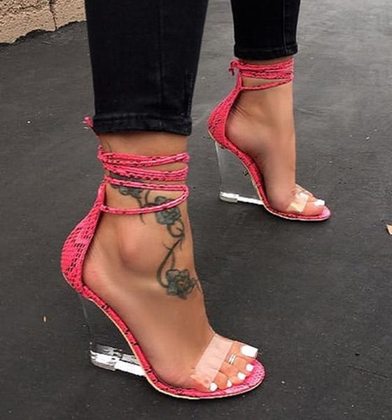 

snake pattern ankle strap transparent crystal women's sandals 2021 wedge heel shoes clear high heels women dress, Black