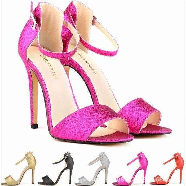 

sandals word buckle women 2021 summer sequined cloth round toe 11cm thin high heel strap bling shoes size35-42, Black
