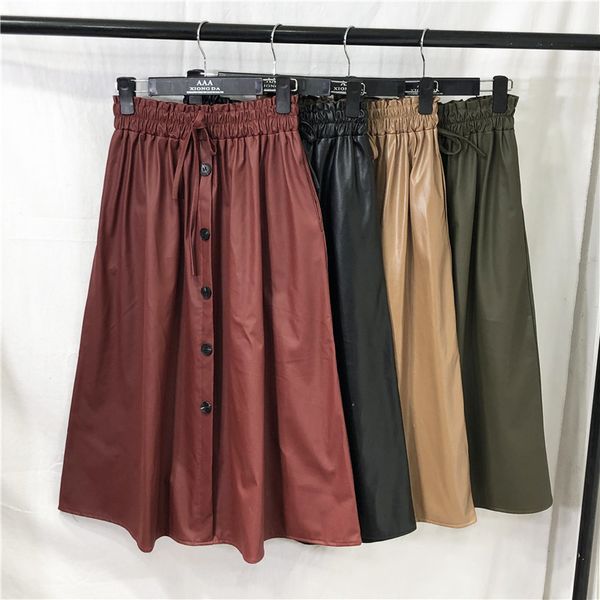 

autumn winter lace-up leather long skirt female button high waist pu bud for womens casual vintage a-line 210420, Black