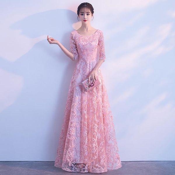 

ethnic clothing pink embroidery floral lady cheongsam perspective sleeve qipao elegant crew collar vestidos fairy evening party dress g, Red