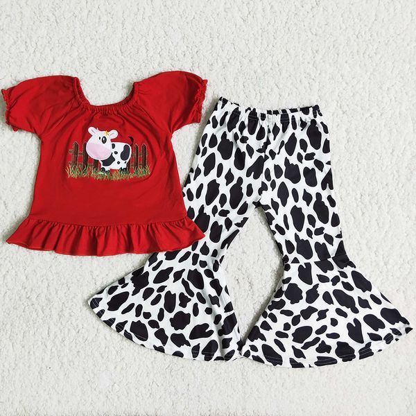 

boutique kids clothing sets farm embroidered cotton baby girls clothes set wholesale summer toddler children bell bottom outfits short sleev, White