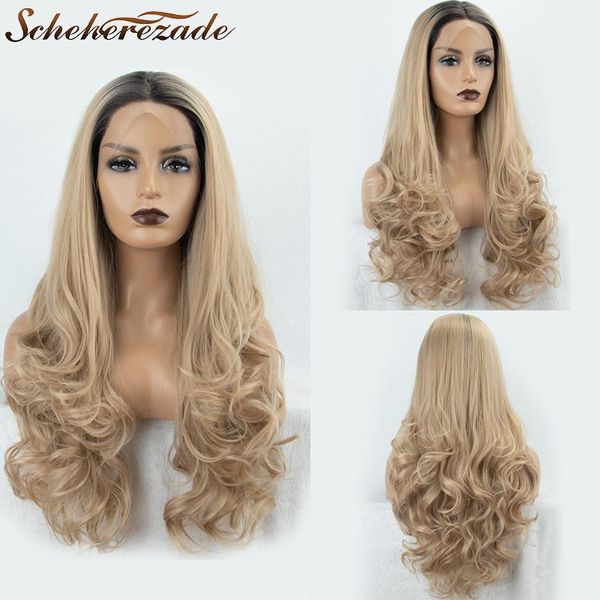 

synthetic wigs scheherezade long wavy wig ash blonde ombre lace front for women cosplay with black roots party