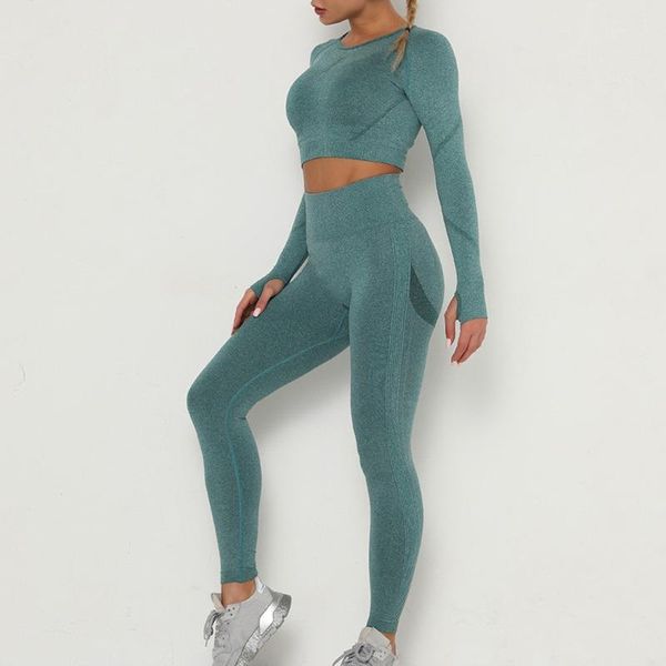 

women seamless yoga set gym clothing fitness high waist leggings+cropped shirts sport suit long sleeve tracksuit wear outfit
