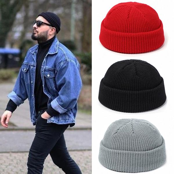 

autumn and winter retro woolen warm melon leather hat street hip-hop hood knit stretch beanie short headgear 2021 beanies