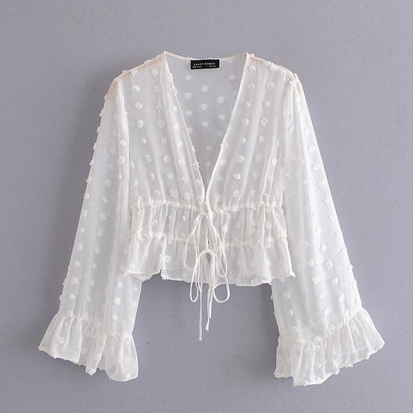 

women's blouses & shirts aachoae summer beach white blouse shirt women deep v neck party short dot embroidery chic chiffon ropa mu